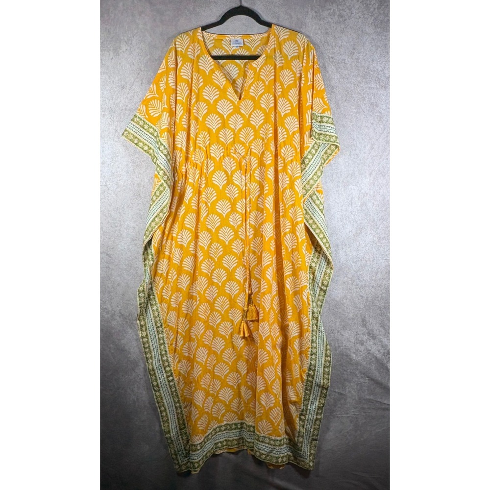 Pax Philomena Kaftan Womens OS Yellow Block Print Maxi Cotton Tassel Boho Resort